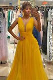 LTP1613,Sexy Yellow Tulle V-Neck Long Prom Evening HZ0307