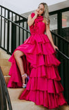 Fuchsia Halter Deep V-neck Prom HZ0307
