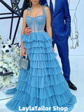 Sky Blue Tulle Ruffles Long Evening Prom HZ0307