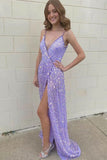 LTP1651,Sparkle Lilac Sequin Long Prom Dresses With Slit,V-Neck Evening Formal HZ0307