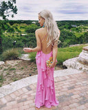 LTP0902,Pink chiffon long prom dresses ruffles evening HZ0307