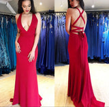 LTP1717,Sexy Mermaid Red Satin Prom Dresses With Cross Back, Deep V-Neck Sexy Prom Evening HZ0307