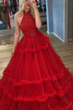 LTP1760, Princess Red Lace Long Prom Dresses, Red Formal Evening Dresses, Halter Lace Ball HZ0307