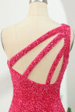One Shoulder Open Back Sequin Hot Pink Homecoming HZ0307
