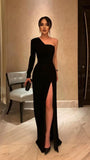 Simple Black One Sleeves Bodycon Long Prom Evening HZ0307