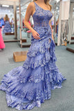 Luxury Lace One Shoulder Sequined Appliques Multi Layers Split Prom HZ0307
