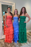 Strapless Teal Lace Appliques Fitted Ruffle Prom HZ0307