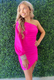 LTP1174,Hot Pink One Sleeve Ruched Mini Homecoming HZ0307