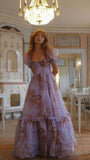 Purple Floral A-Line Evening Prom Dresses With Bubble HZ0307