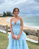 LTP1230,Charming A Line V Neck Light Blue Tulle Long Prom HZ0307