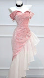 Super Sweet Bodycon Party Dress Off The Shoulder Irregular Pink Glitter Prom HZ0307