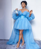 LTP0846,Off the shoulder prom dress sky blue tulle evening dress bubble sleeves formal gown princess dress long prom HZ0307