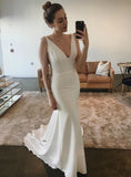 LTP1125,White V Neck Sleeveless Satin Wedding Dresses Mermaid Bridal HZ0307