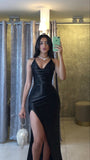 Sheath Halter Black Satin Long Evening Prom HZ0307