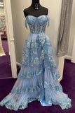 Off the Shoulder Blue Sequin Tulle Ruffles HZ0307
