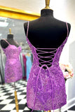 Purple Applique Beaded Spaghetti Straps Homecoming HZ0307