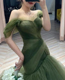 LTP1620,Green Tulle Off The Shoulder Mermaid Long Prom Evening HZ0307