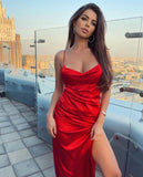 Spaghetti Straps Red Prom Evening Dress With Side HZ0307