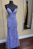 Spaghetti Straps Lilac Appliques Mermaid Evening Prom HZ0307