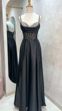 Straps Black Satin Beaded A-line Long Formal HZ0307