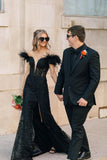 Fur Off the Shoulder Red Lace Mermaid Long Formal HZ0307