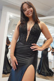 Halter Green Appliques Satin Ruched Prom HZ0307