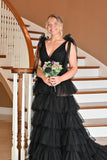 Tie Shoulders Yellow Tulle Ruffle Long Party HZ0307