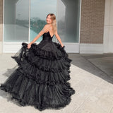 Straps Red Tiered Ruffles A-line Long Formal HZ0307