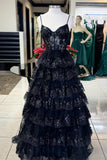 Straps Blue Sequin Tulle Ruffles Formal HZ0307