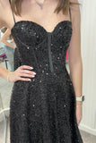 Black Sequin Corset A-line Long Prom HZ0307