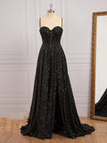Black Sequin Corset A-line Long Prom HZ0307