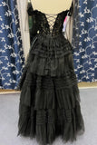 Black Off the Shoulder Tulle Tiered Ruffles HZ0307