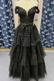 Black Off the Shoulder Tulle Tiered Ruffles HZ0307