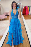 Halter Red Lace Appliques Chiffon Ruffle Prom HZ0307