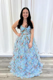 Strapless Blue Floral Ruched A-line Long Ball HZ0307