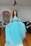 Strapless Blue Tulle Starry Long Formal HZ0307