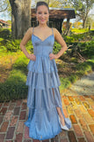 Blue Layered A-line Long Party Dress with HZ0307