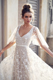 LTP0152,Ivory V Neck Beach Wedding Dresses With Lace Appliques Short Sleeves Wedding HZ0307