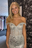 Off the Shoulder Black Tulle Sequin Mermaid Prom HZ0307