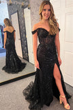 Off the Shoulder Black Tulle Sequin Mermaid Prom HZ0307