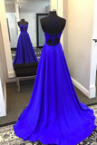 Straps Royal Blue Satin A-line Long Formal HZ0307