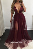 LTP1575,Burgundy Tulle V-Neck Long Prom Evening HZ0307