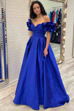 Flower Sleeves A-Line Hot Pink Evening Party Dress, Blue Long Satin Prom Dress HZ0307