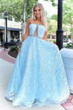 LTP0925,Stunning A-line Strapless Sky Blue Lace Beaded Long Prom Dresses Evening HZ0307