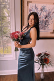 V Neck Burgundy Satin Fitted Long Party HZ0307