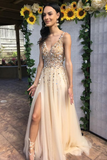 LTP1516,Sexy V neck Tulle Slit A Line Prom Dress, Beading Homecoming HZ0307