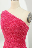 One Shoulder Open Back Sequin Hot Pink Homecoming HZ0307