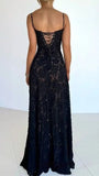 Spaghetti Straps Black Lace Slim Senior Prom Dresses For HZ0307