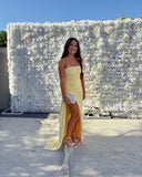 Strapless Yellow Fitted Frill Slit Party HZ0307