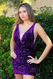 Purple Sequin V-Neck Bodycon Homecoming HZ0307
